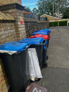 "A row of wheelie bins with blue and red lids lined up against a brick wall on a pavement."