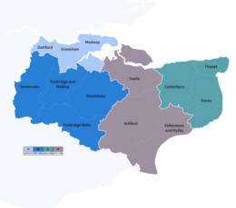 Colour-coded map of Kent and Medway districts, divided into four regions with a small population legend.
