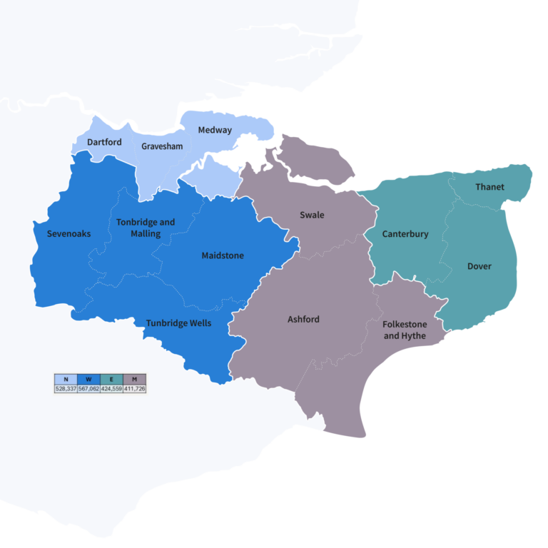 Colour-coded map of Kent and Medway districts, divided into four regions with a small population legend.
