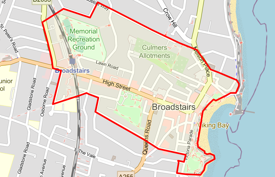 Boundary map of the Broadstairs Public Spaces Protection Order (PSPO) zone. The red restriction line encloses the town center and main seafront, including the Memorial Recreation Ground, Broadstairs railway station, High Street, Culmers Allotments, and the coastal area around Viking Bay and Victoria Parade.