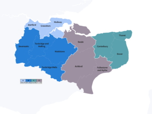 Map of Kent and Medway divided into four color-coded regions with population figures: North, West, East, and Mid.