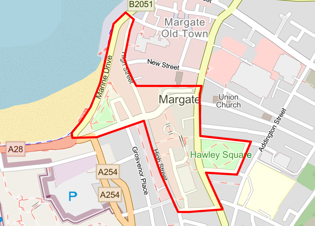Boundary map of the Margate High Street and Old Town Public Spaces Protection Order (PSPO) zone. The red restriction line covers the primary commercial streets, running along Marine Drive by the beach, cutting through Margate Old Town, following the High Street south, and extending east to enclose Hawley Square.