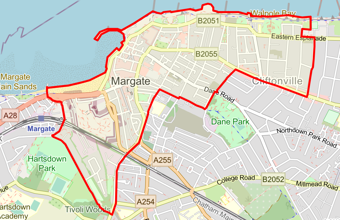Boundary map of the main Margate and Cliftonville Public Spaces Protection Order (PSPO) zone. The red restriction line spans a large coastal area from Margate Main Sands in the west, stretching east along the Esplanade past Cliftonville to Walpole Bay, and extending inland to the northern borders of Hartsdown Park, Tivoli Woods, and Dane Park.