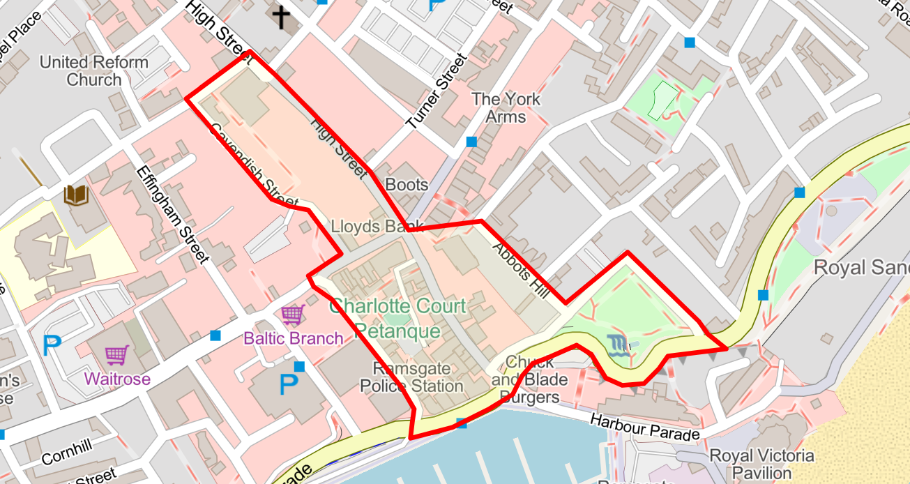 Close-up street map showing a specific Public Spaces Protection Order (PSPO) zone in Ramsgate town center. The red restriction line outlines a central commercial block encompassing Cavendish Street, Charlotte Court, Ramsgate Police Station, Abbots Hill, and sections of the High Street down to Harbour Parade.