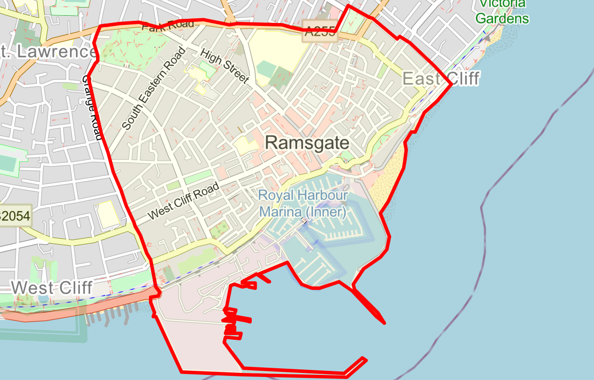 Boundary map of the Ramsgate Public Spaces Protection Order (PSPO) zone. The red restriction line covers the town center and coastal cliffs, stretching from Grange Road in the west to East Cliff in the east, bounded by Park Road to the north, and fully enclosing the Royal Harbour Marina.