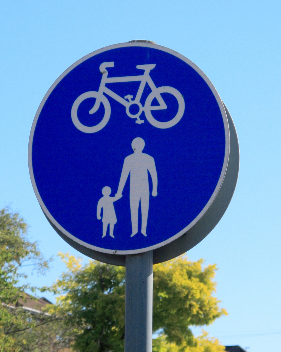 A circular blue road sign showing white symbols of a bicycle above an adult holding hands with a child.
