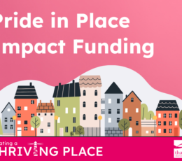 White text reading "Pride in Place Impact Funding" on a pink background above colourful illustrated houses on light grey. A dark pink footer displays white text "Creating a THRIVING PLACE" with a lighthouse graphic and Thanet District Council logo.