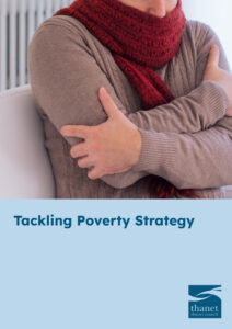 Person hugging themselves wearing a red scarf. Below, dark blue text reads 'Tackling Poverty Strategy' with Thanet Council logo.