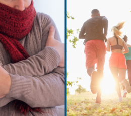 Composite image. L: Person hugging themselves wearing a red scarf R:Five people running outdoors.