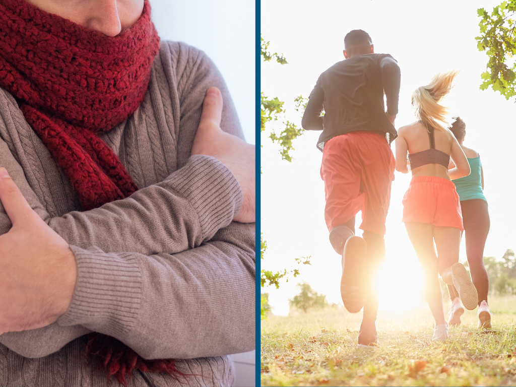 Composite image. L: Person hugging themselves wearing a red scarf R:Five people running outdoors.