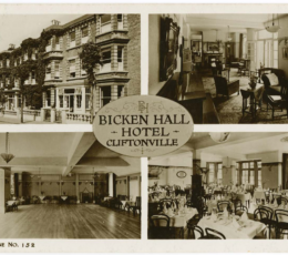 Historic postcard showing four views of the former Bicken Hall Hotel in Cliftonville, including its exterior, lounge, ballroom, and dining room.